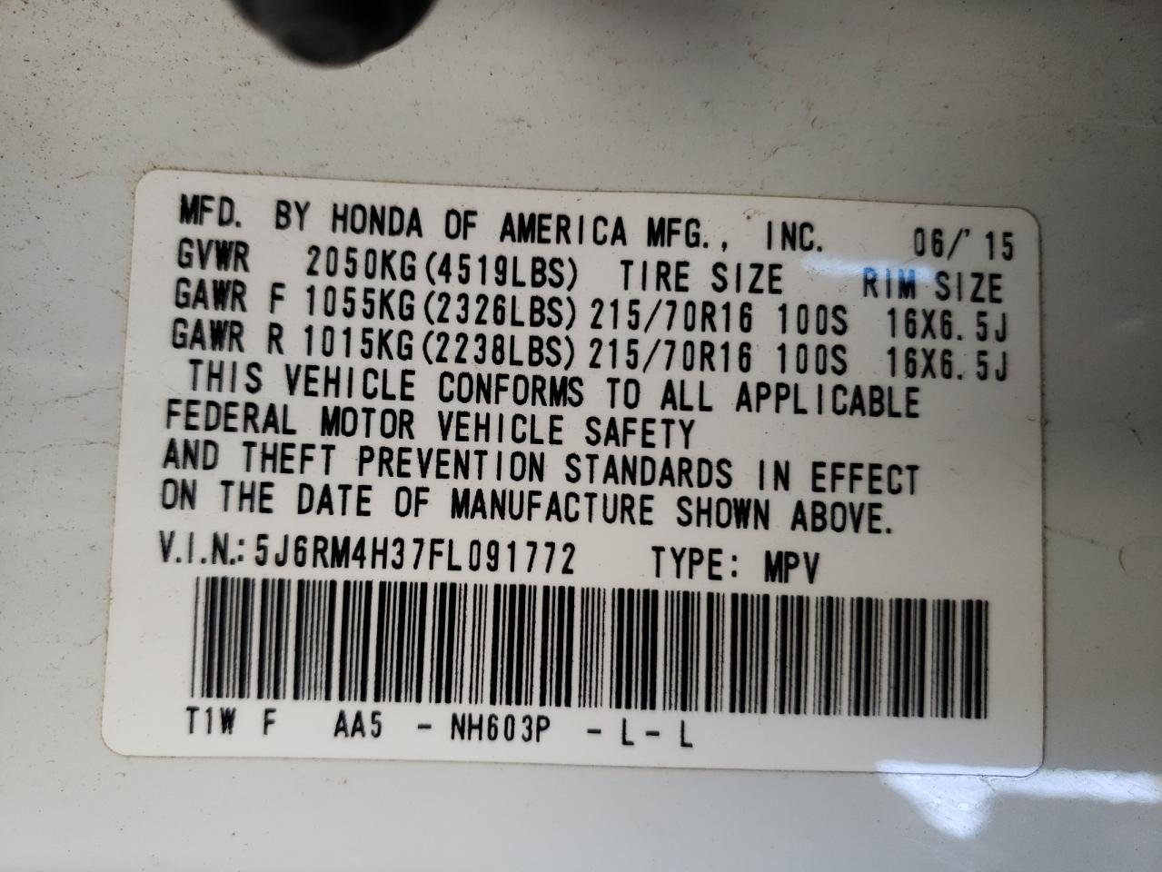 5J6RM4H37FL091772 2015 Honda Cr-V Lx