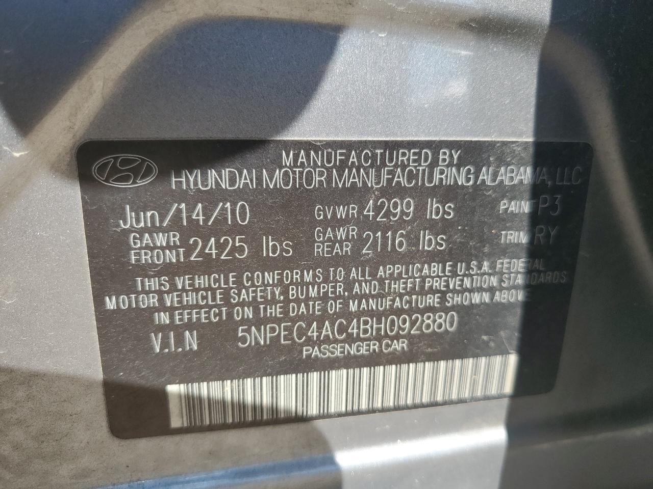 2011 Hyundai Sonata Se VIN: 5NPEC4AC4BH092880 Lot: 74001454