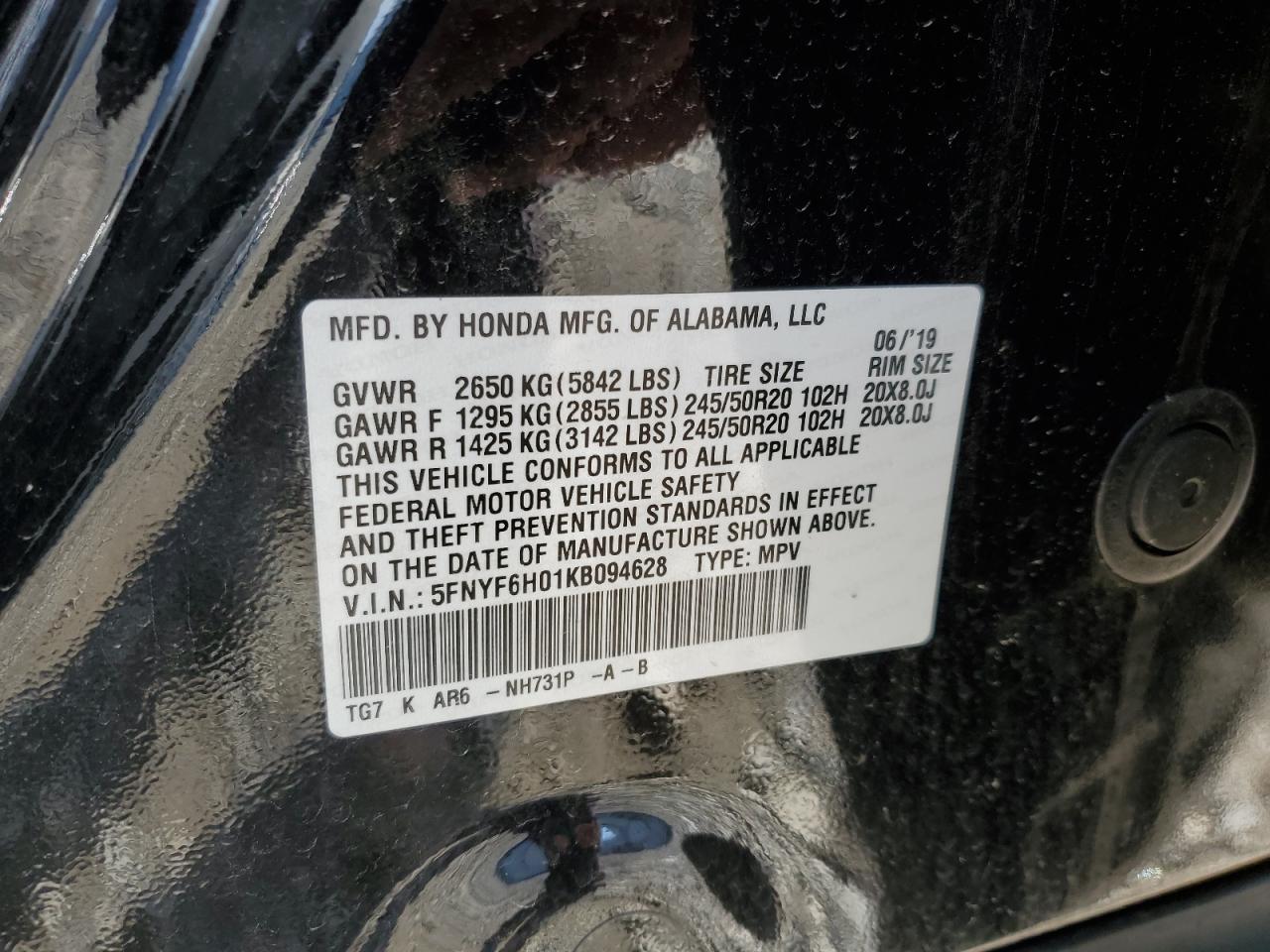 2019 Honda Pilot Elite VIN: 5FNYF6H01KB094628 Lot: 75108204