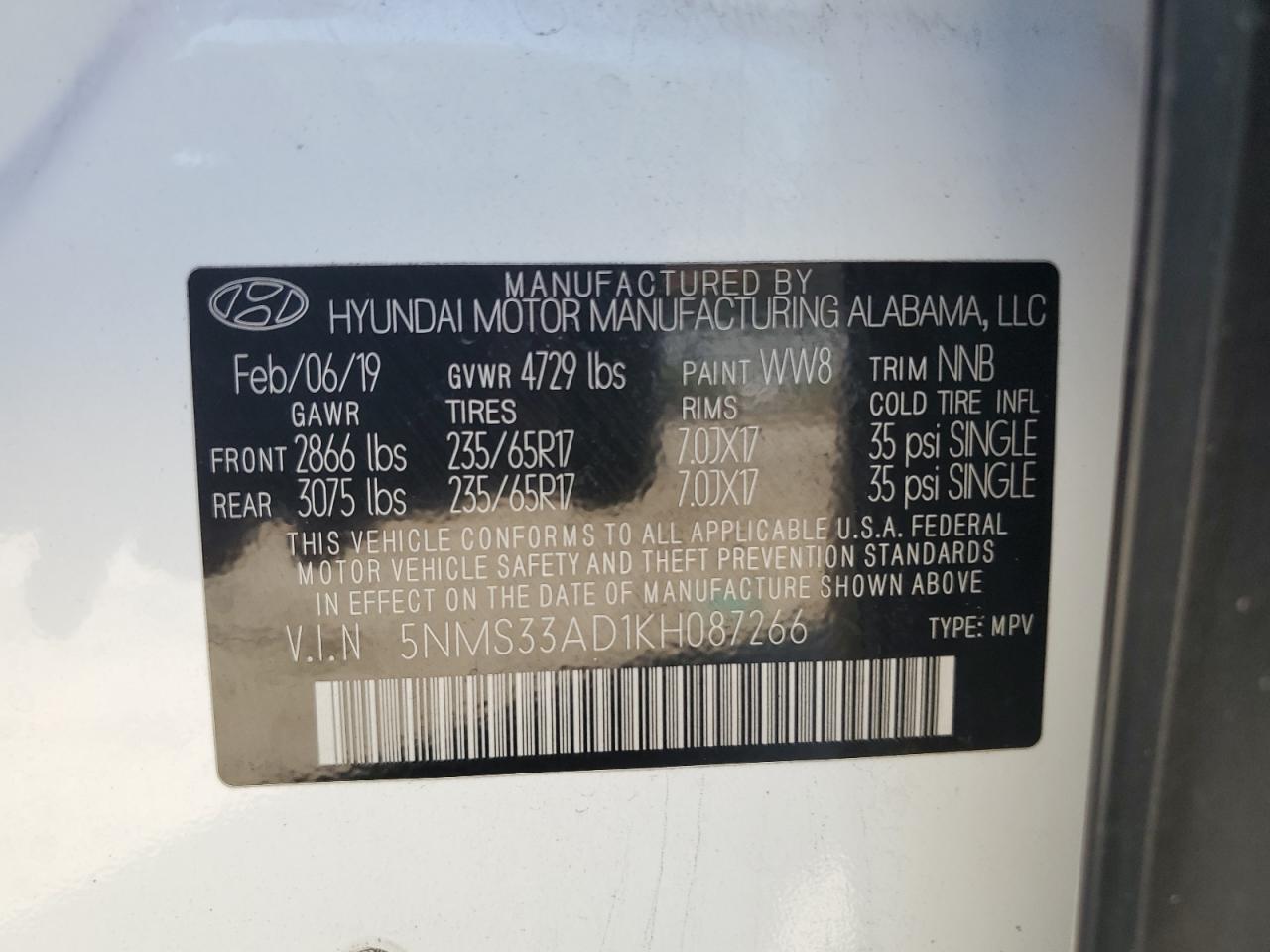 5NMS33AD1KH087266 2019 Hyundai Santa Fe Sel