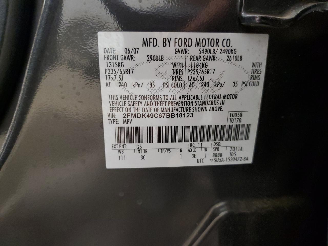 2007 Ford Edge Sel Plus VIN: 2FMDK49C67BB18123 Lot: 77338464