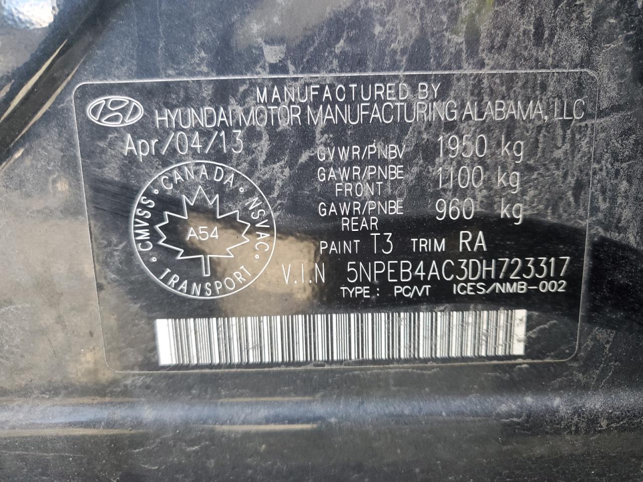 5NPEB4AC3DH723317 2013 Hyundai Sonata Gls