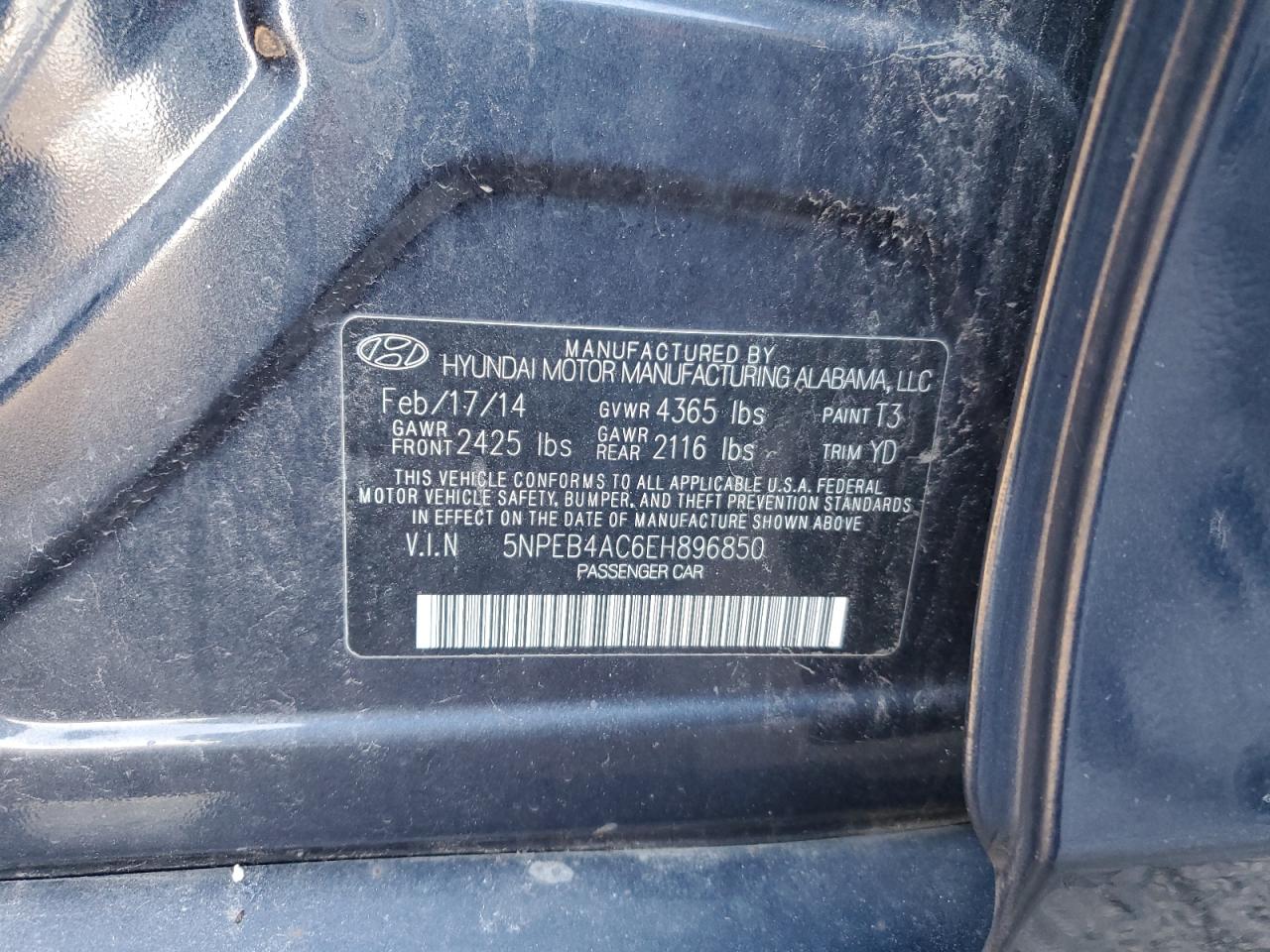 5NPEB4AC6EH896850 2014 Hyundai Sonata Gls