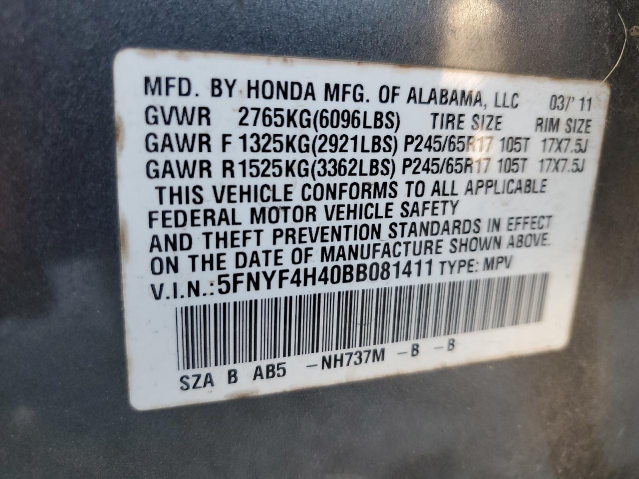 5FNYF4H40BB081411 2011 Honda Pilot Ex