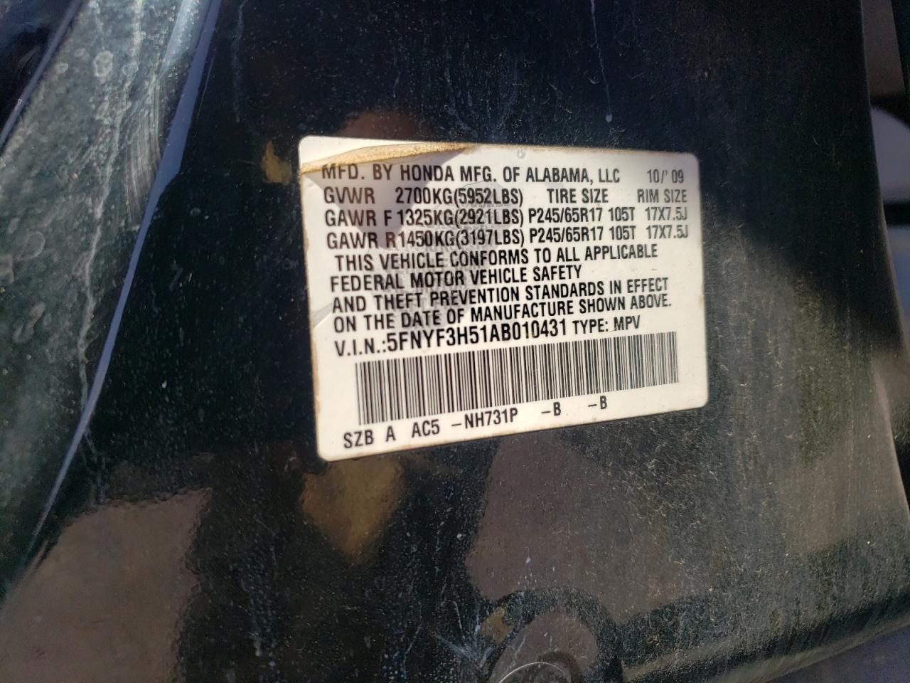 5FNYF3H51AB010431 2010 Honda Pilot Exl