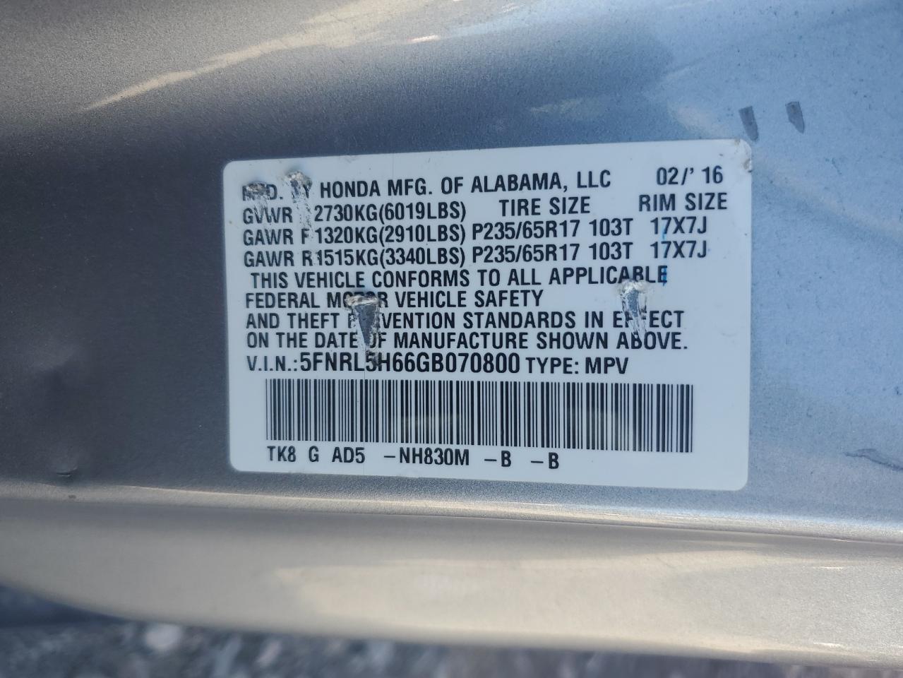 5FNRL5H66GB070800 2016 Honda Odyssey Exl