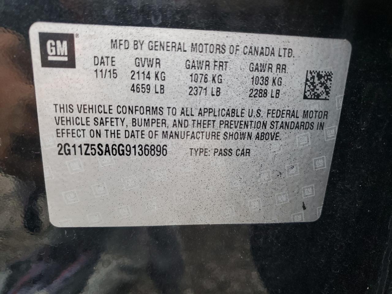 2G11Z5SA6G9136896 2016 Chevrolet Impala Ls