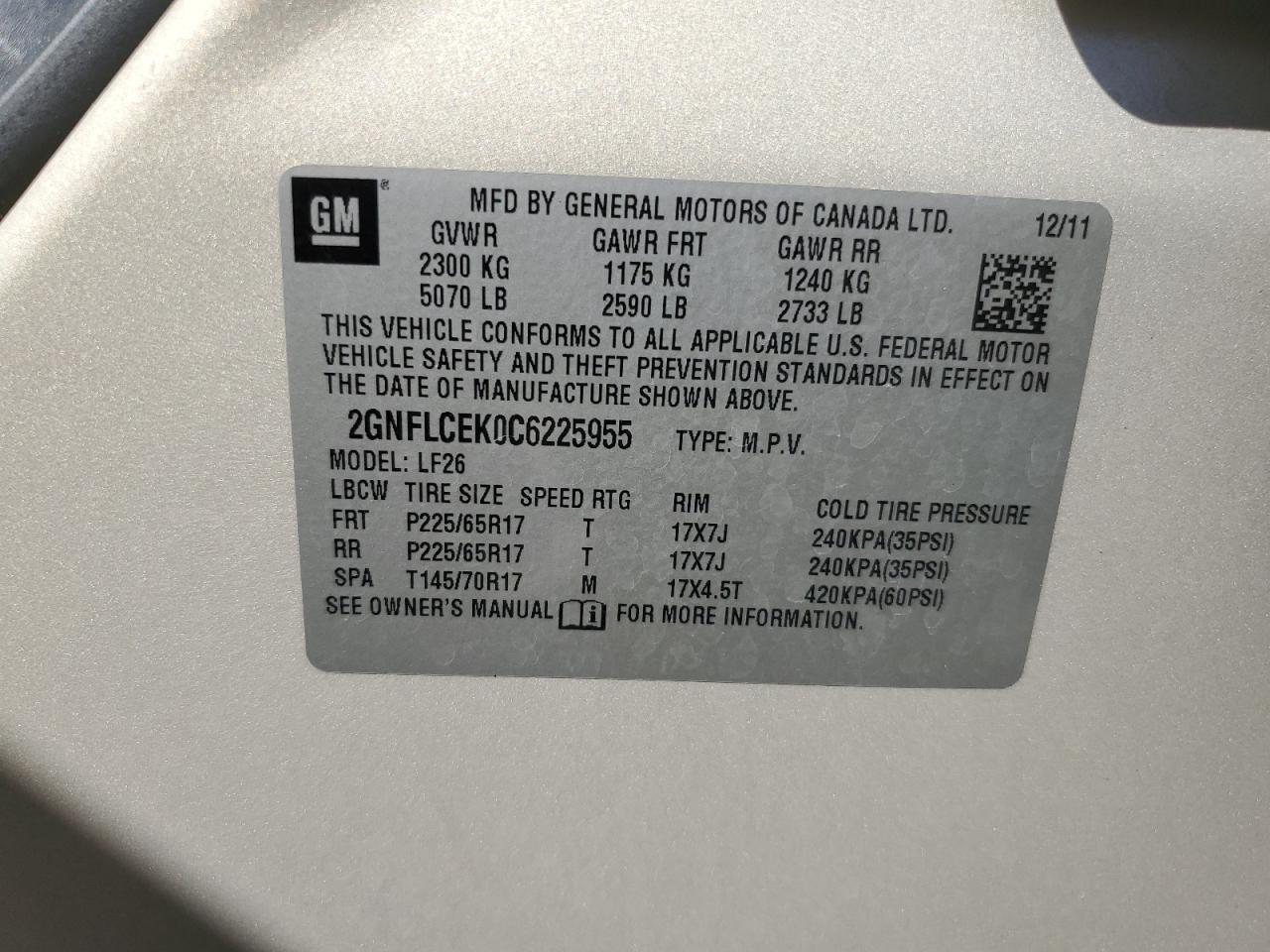 2012 Chevrolet Equinox Ls VIN: 2GNFLCEK0C6225955 Lot: 74025754