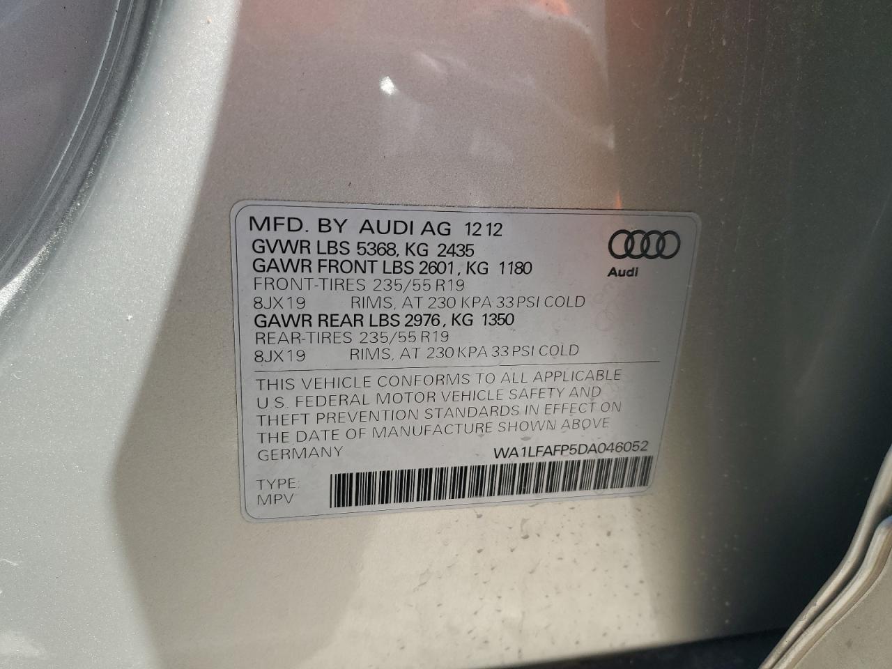 2013 Audi Q5 Premium Plus VIN: WA1LFAFP5DA046052 Lot: 75557454