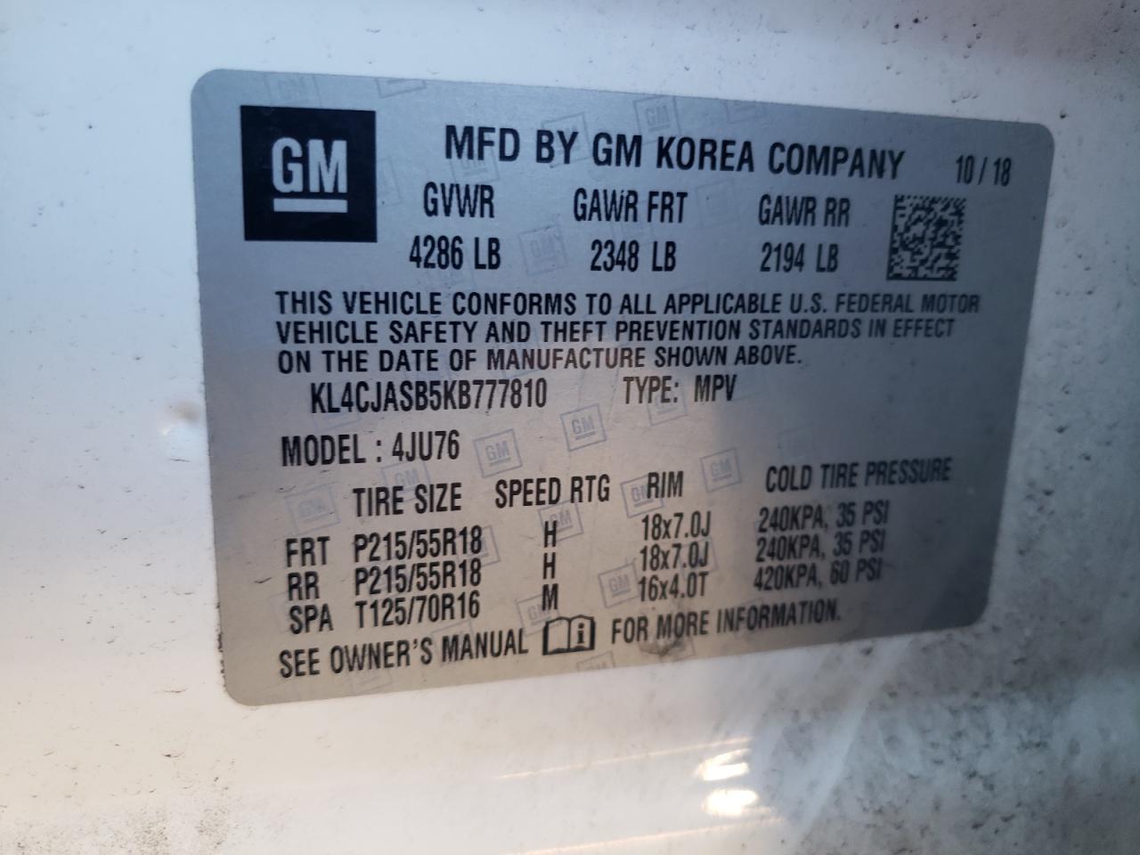 2019 Buick Encore Preferred VIN: KL4CJASB5KB777810 Lot: 77424434