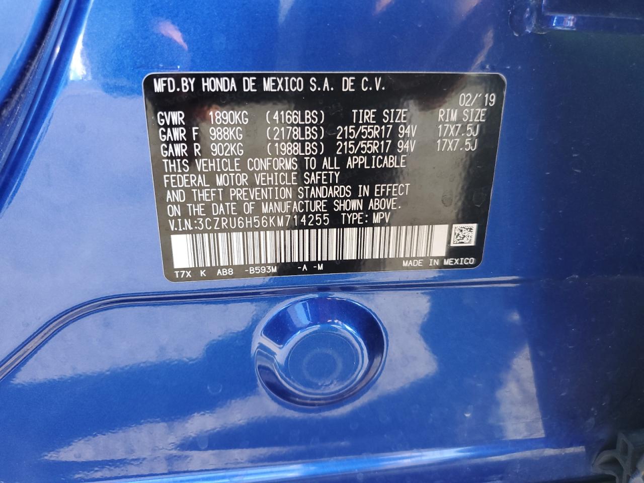 VIN 3CZRU6H56KM714255 2019 HONDA HR-V no.12