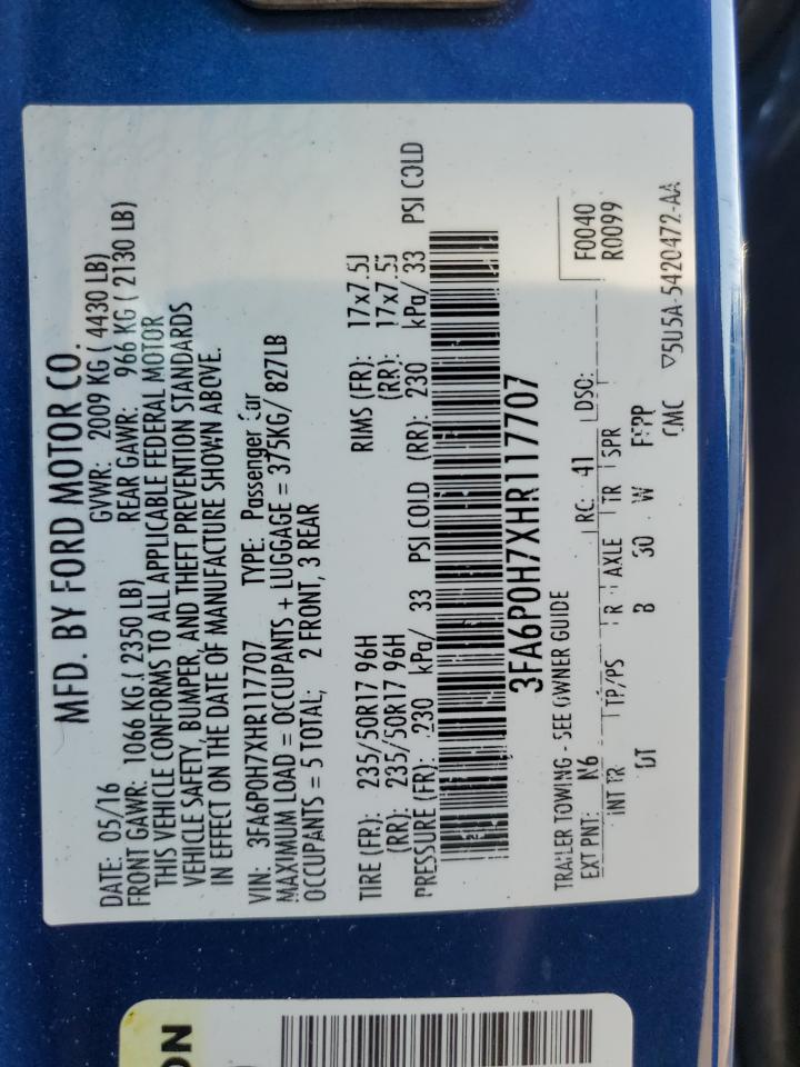 2017 Ford Fusion Se VIN: 3FA6P0H7XHR117707 Lot: 75340304