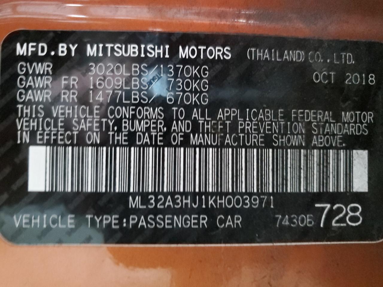 ML32A3HJ1KH003971 2019 Mitsubishi Mirage Es