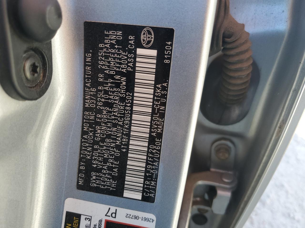 4T1BF1FK9GU584502 2016 Toyota Camry Le