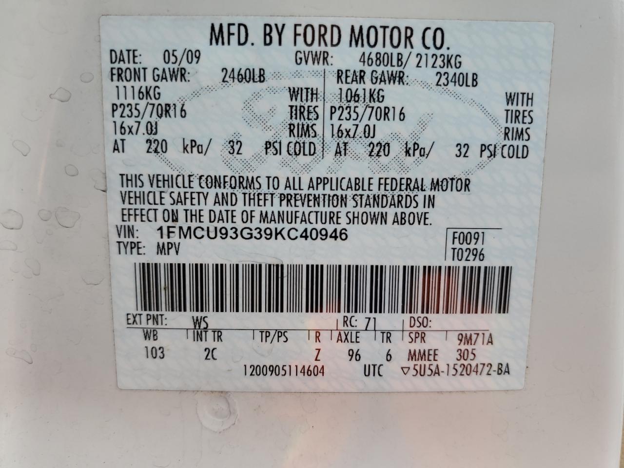 2009 Ford Escape Xlt VIN: 1FMCU93G39KC40946 Lot: 76629654