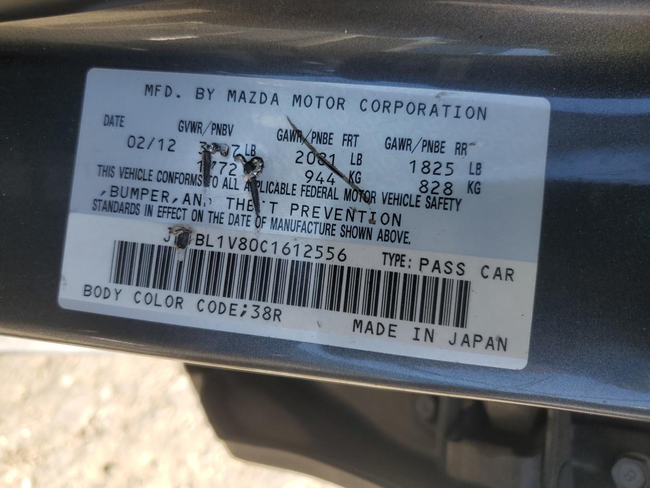 2012 Mazda 3 I VIN: JM1BL1V80C1612556 Lot: 73714804