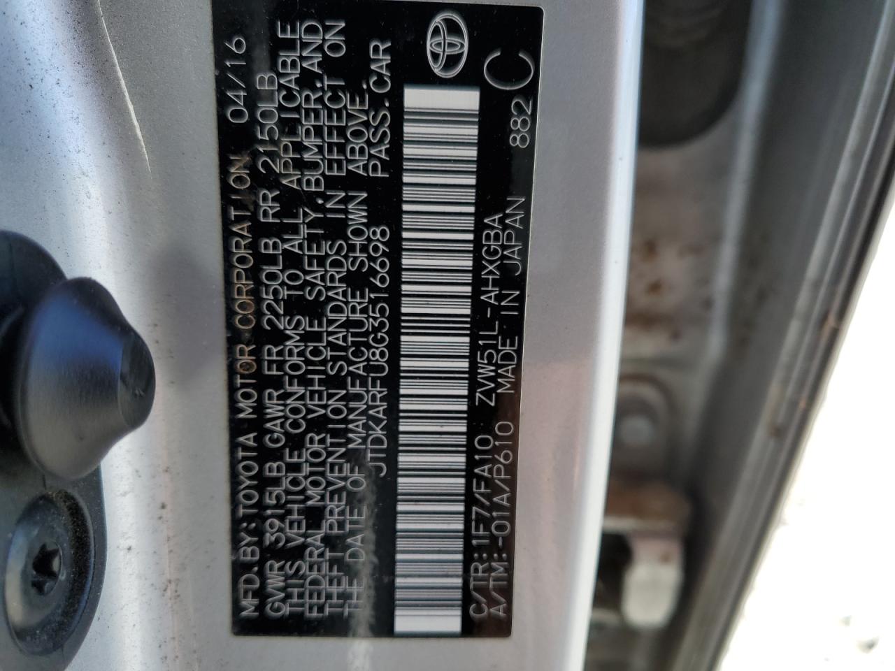 JTDKARFU8G3516698 2016 Toyota Prius