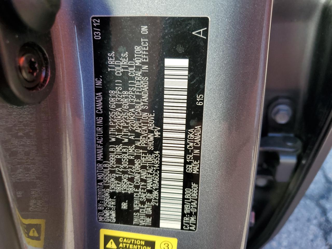 2012 Lexus Rx 350 VIN: 2T2BK1BA6CC149534 Lot: 74109964