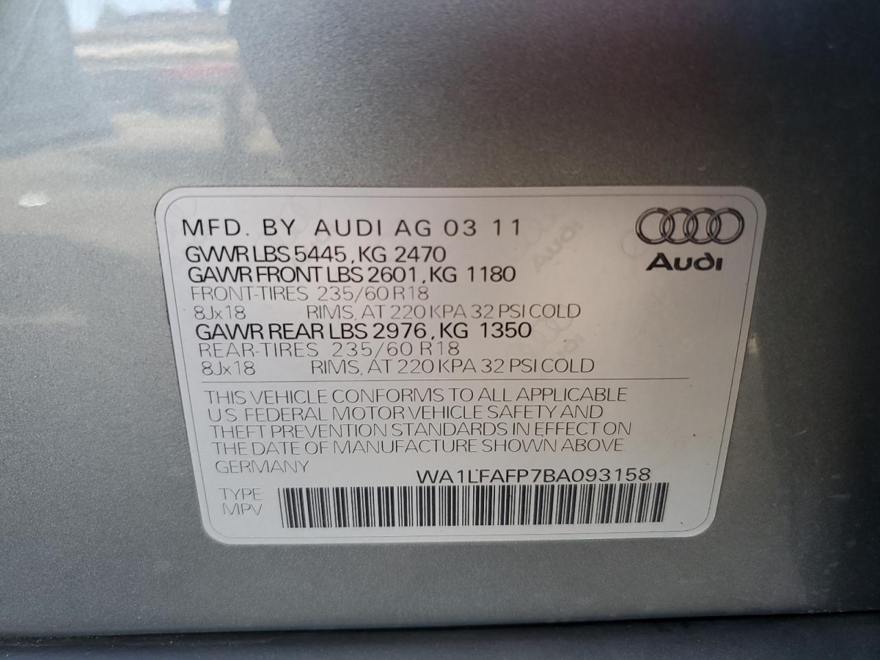 2011 Audi Q5 Premium Plus VIN: WA1LFAFP7BA093158 Lot: 77102894