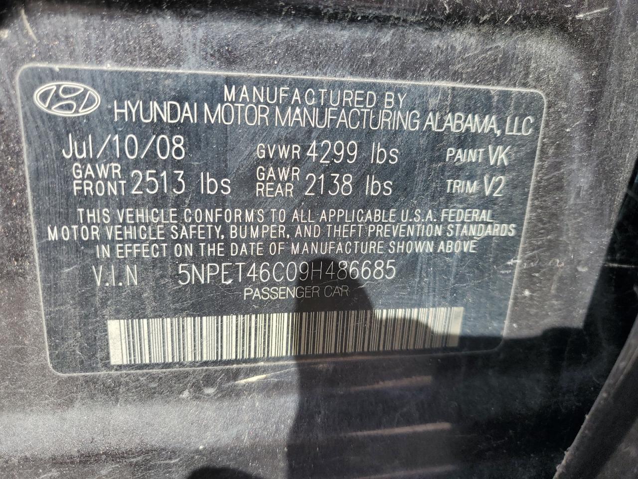 5NPET46C09H486685 2009 Hyundai Sonata Gls