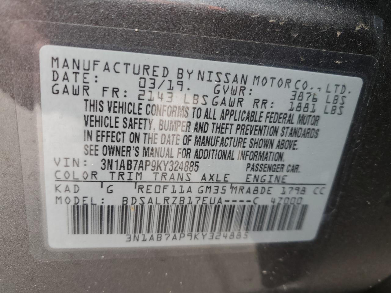 3N1AB7AP9KY324885 2019 Nissan Sentra S