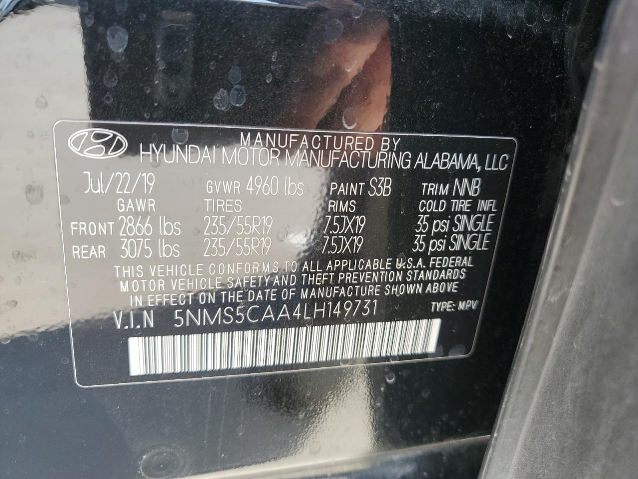 2020 Hyundai Santa Fe Limited VIN: 5NMS5CAA4LH149731 Lot: 75002934