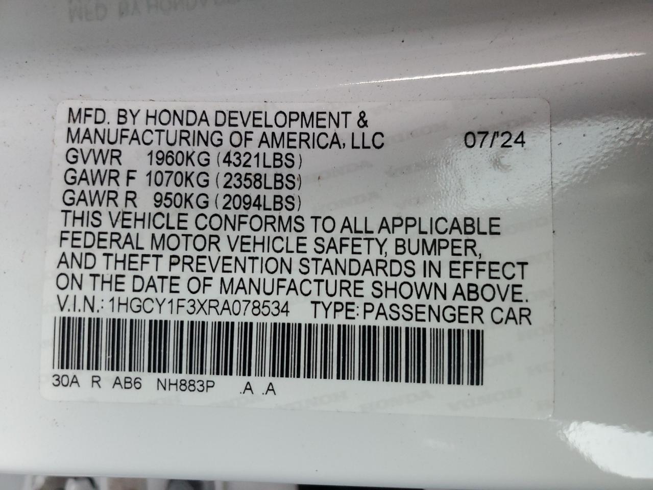 2024 Honda Accord Ex VIN: 1HGCY1F3XRA078534 Lot: 77985634