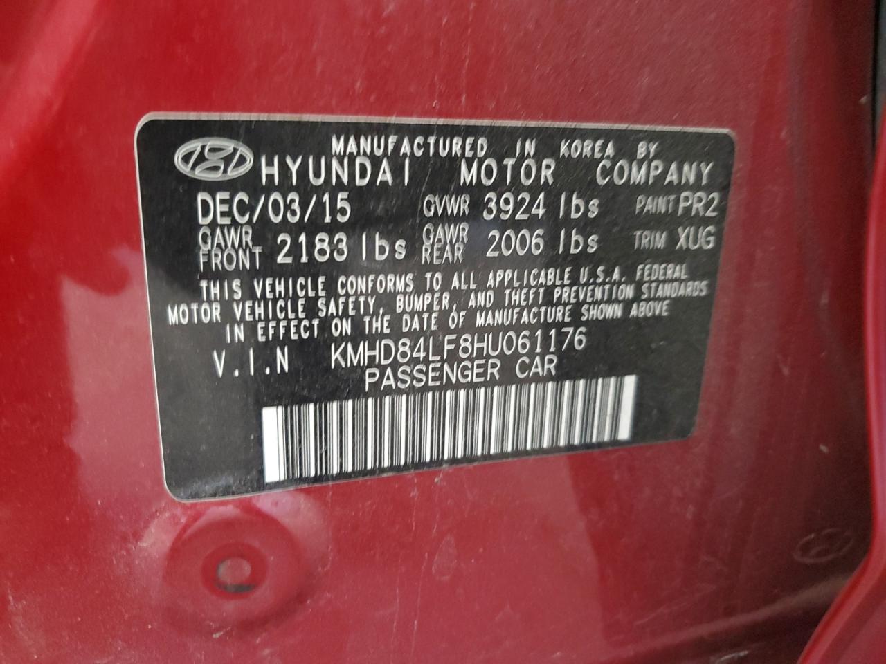 KMHD84LF8HU061176 2017 Hyundai Elantra Se