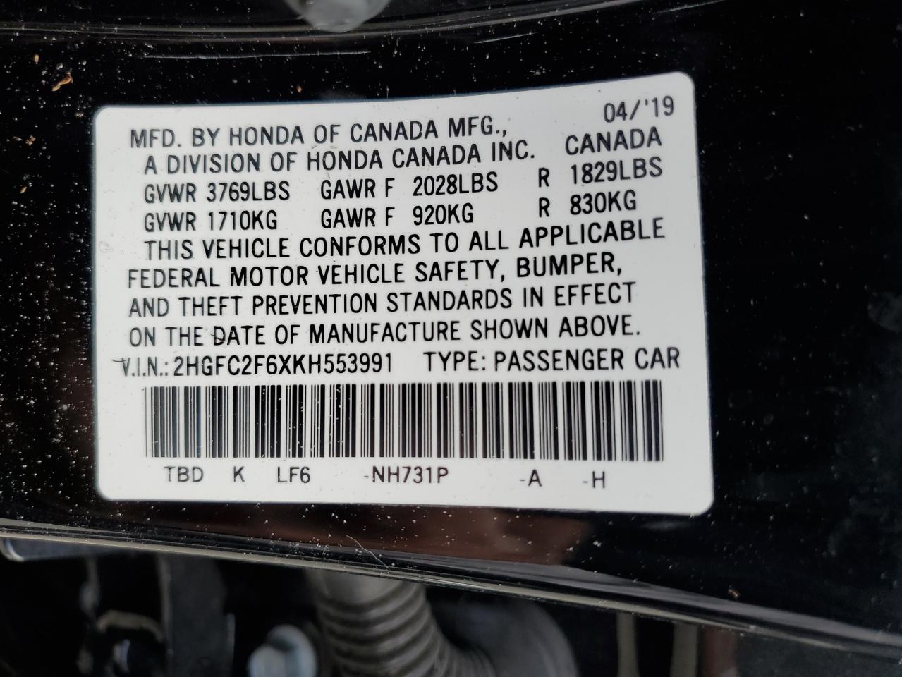 2HGFC2F6XKH553991 2019 Honda Civic Lx