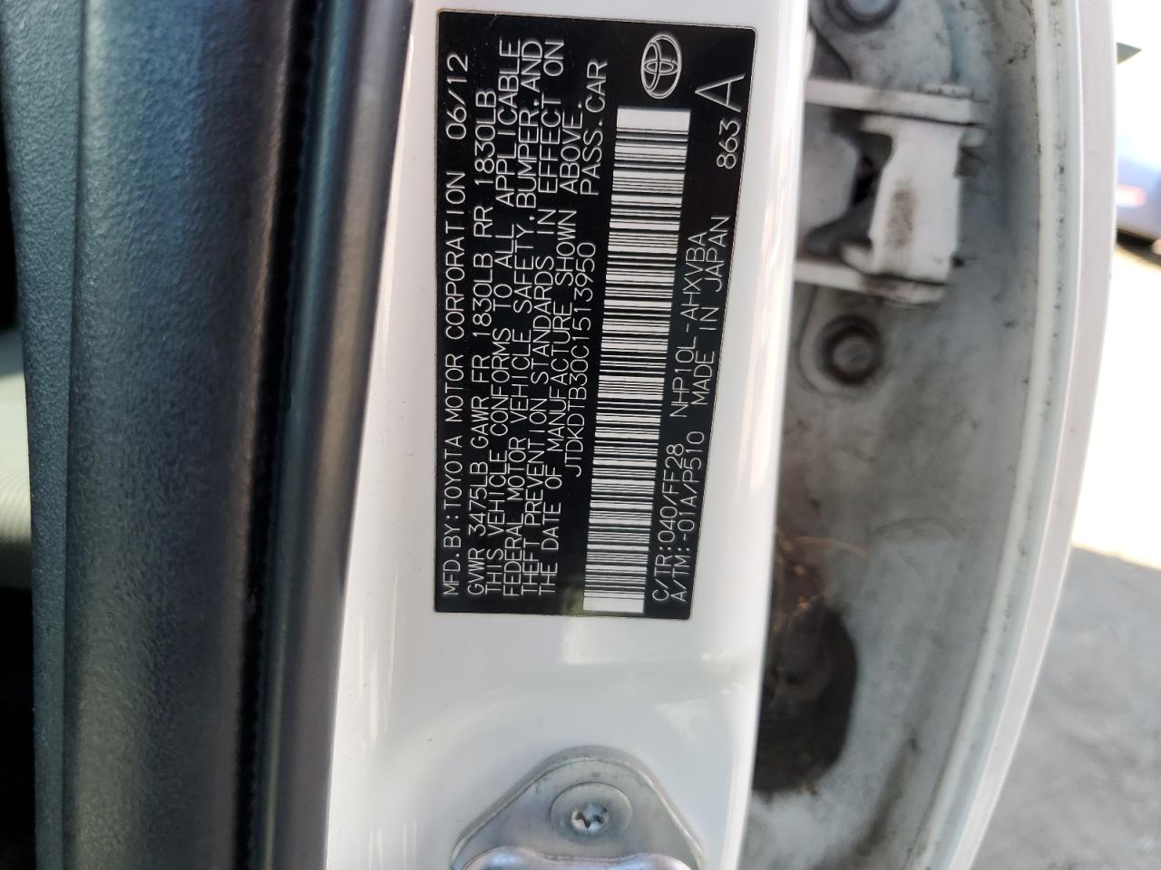 JTDKDTB30C1513950 2012 Toyota Prius C