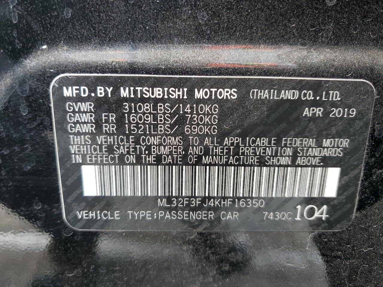 ML32F3FJ4KHF16350 2019 Mitsubishi Mirage G4 Es