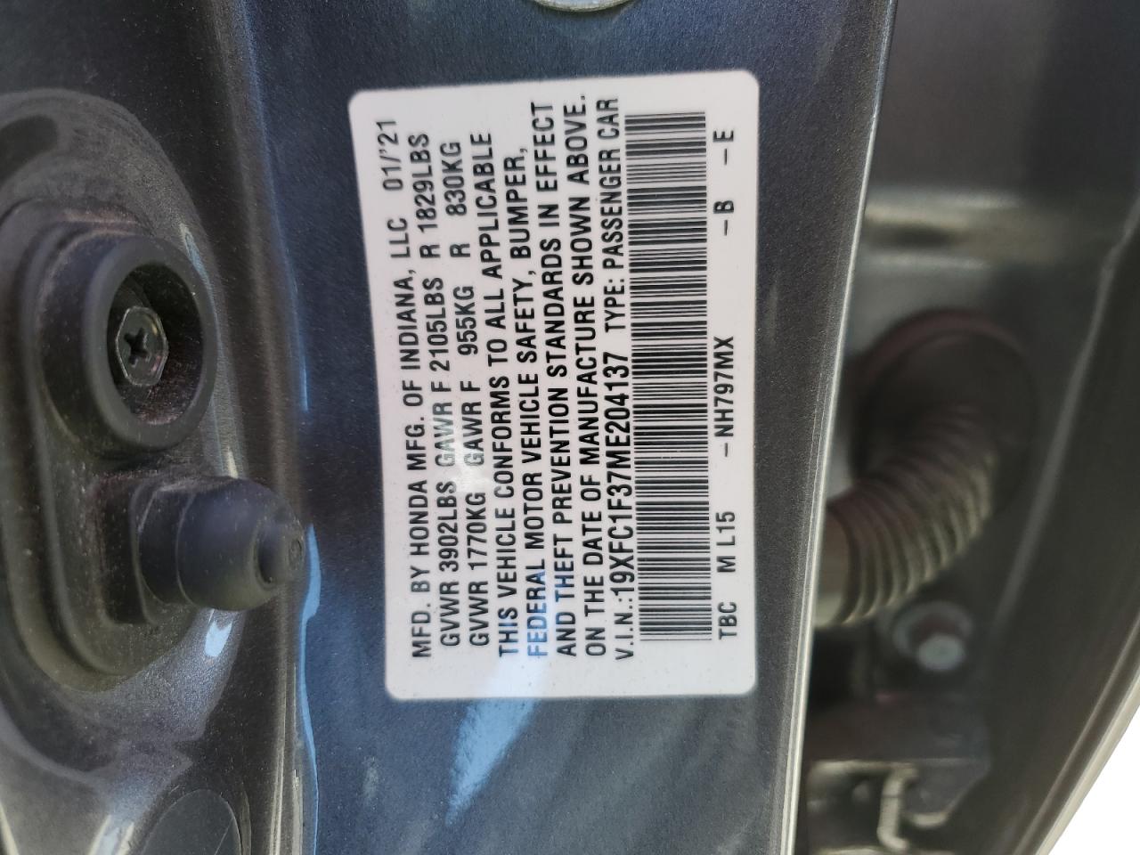 19XFC1F37ME204137 2021 Honda Civic Ex