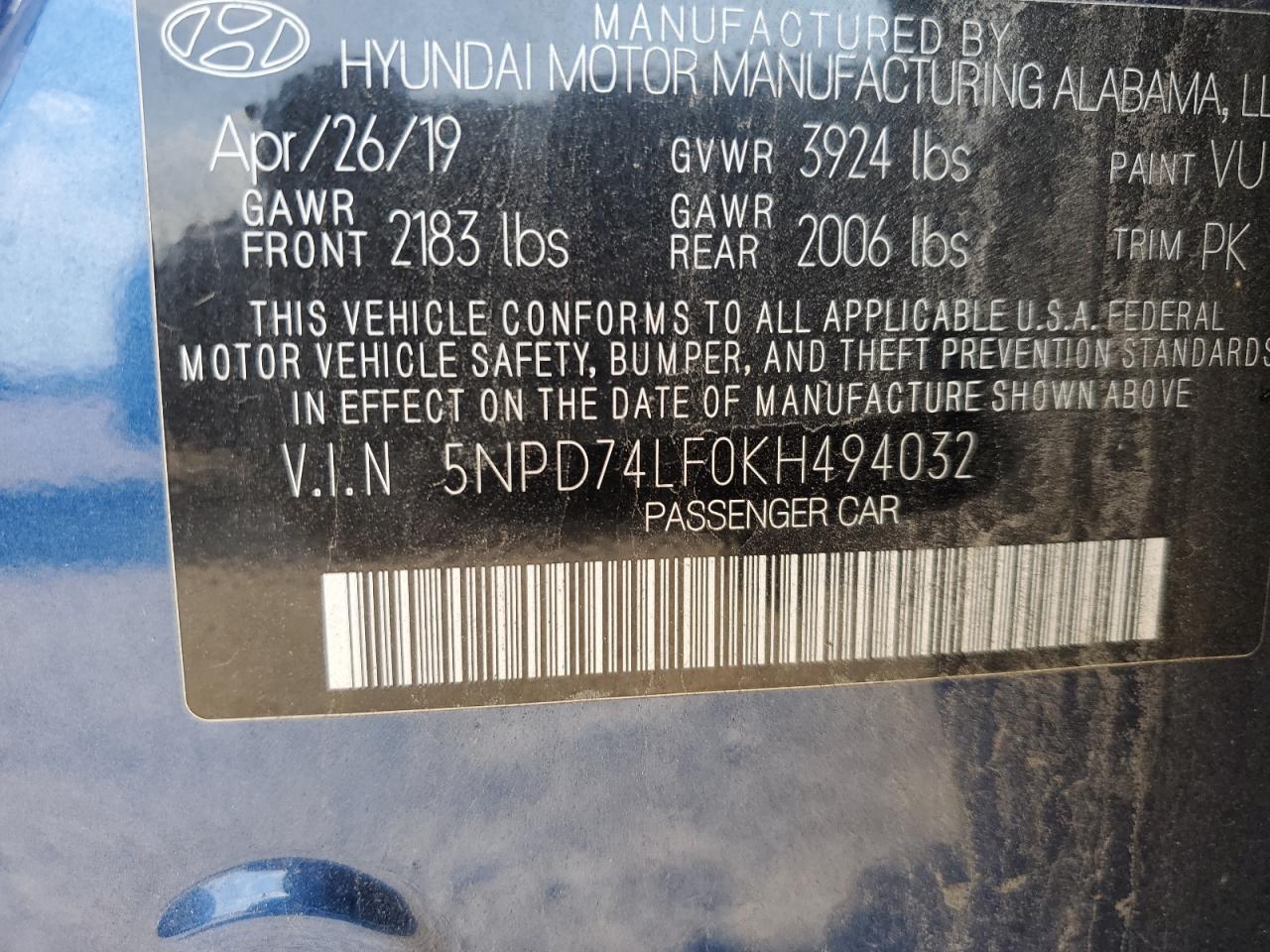 5NPD74LF0KH494032 2019 Hyundai Elantra Se