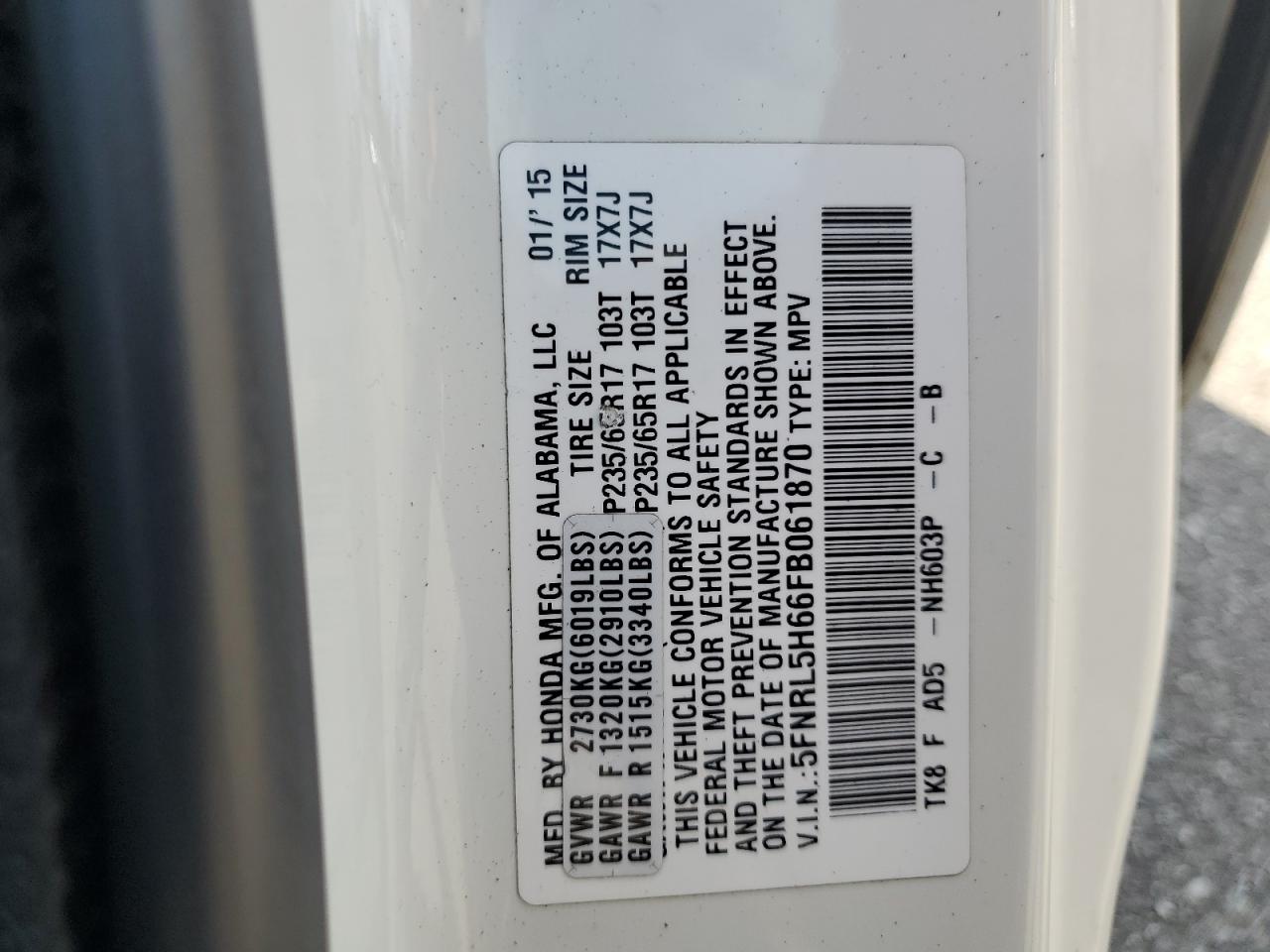 5FNRL5H66FB061870 2015 Honda Odyssey Exl