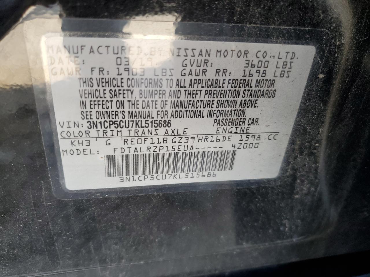 3N1CP5CU7KL515686 2019 Nissan Kicks S