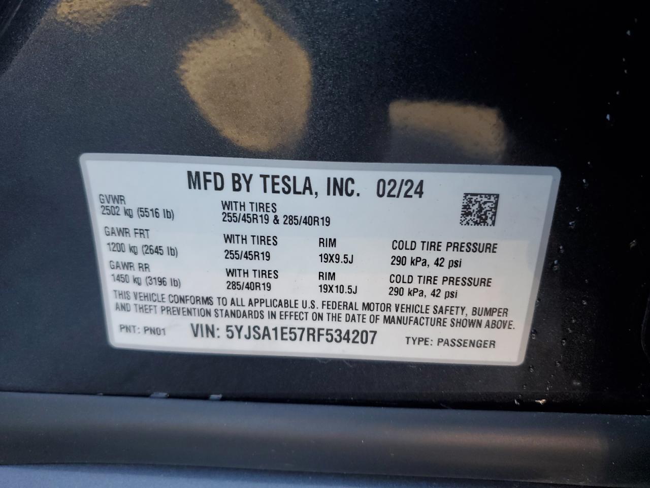 2024 Tesla Model S VIN: 5YJSA1E57RF534207 Lot: 78695534