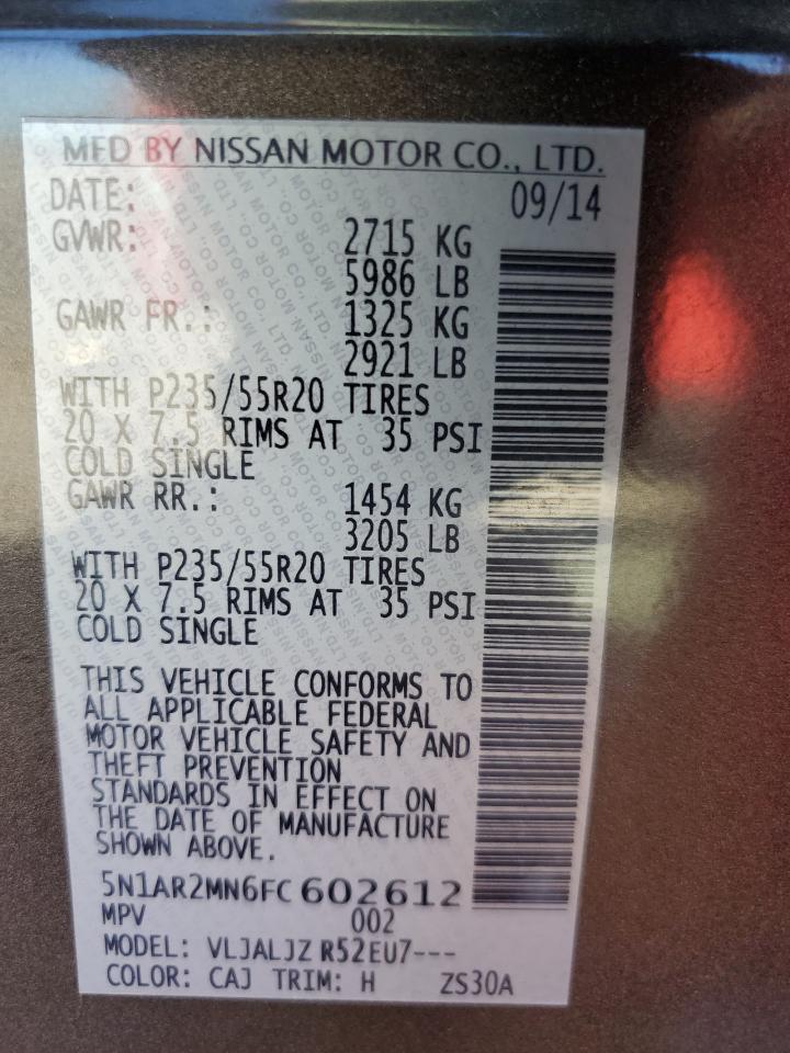 2015 Nissan Pathfinder S VIN: 5N1AR2MN6FC602612 Lot: 75138714