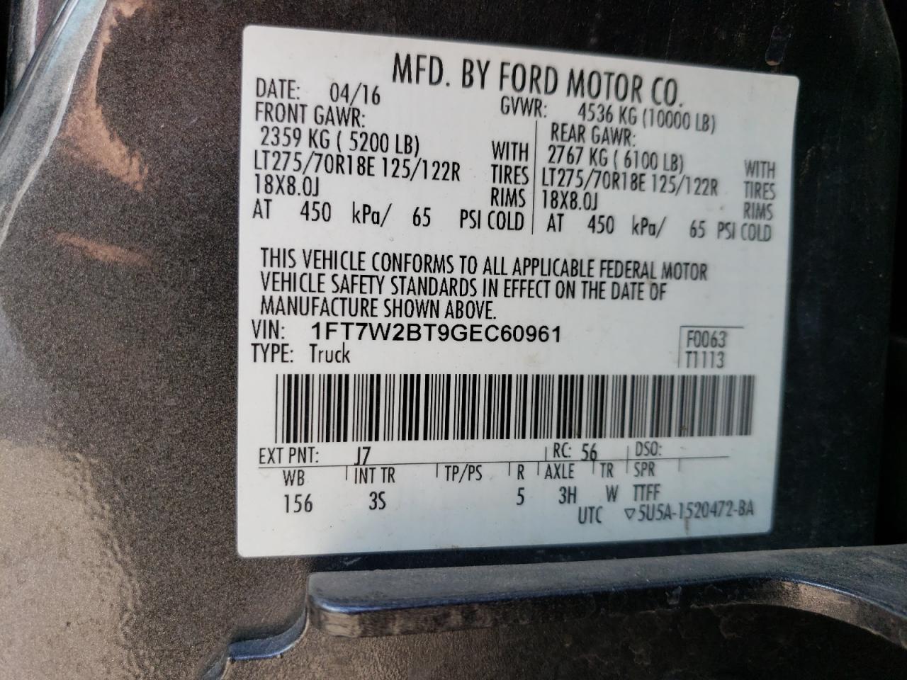 1FT7W2BT9GEC60961 2016 Ford F250 Super Duty