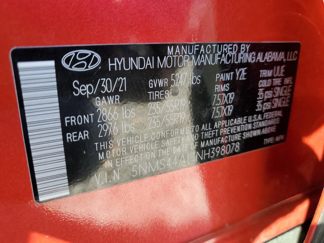 5NMS44AL1NH398078 2022 Hyundai Santa Fe Limited