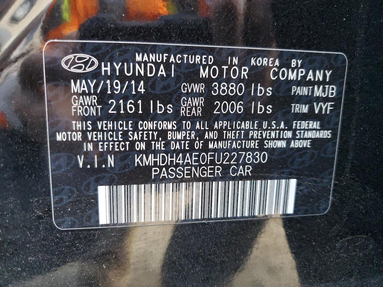 2015 Hyundai Elantra Se VIN: KMHDH4AE0FU227830 Lot: 78330104