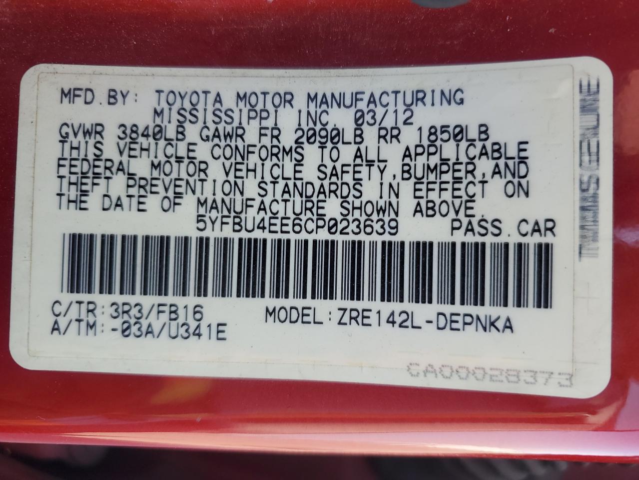 2012 Toyota Corolla Base VIN: 5YFBU4EE6CP023639 Lot: 76424674