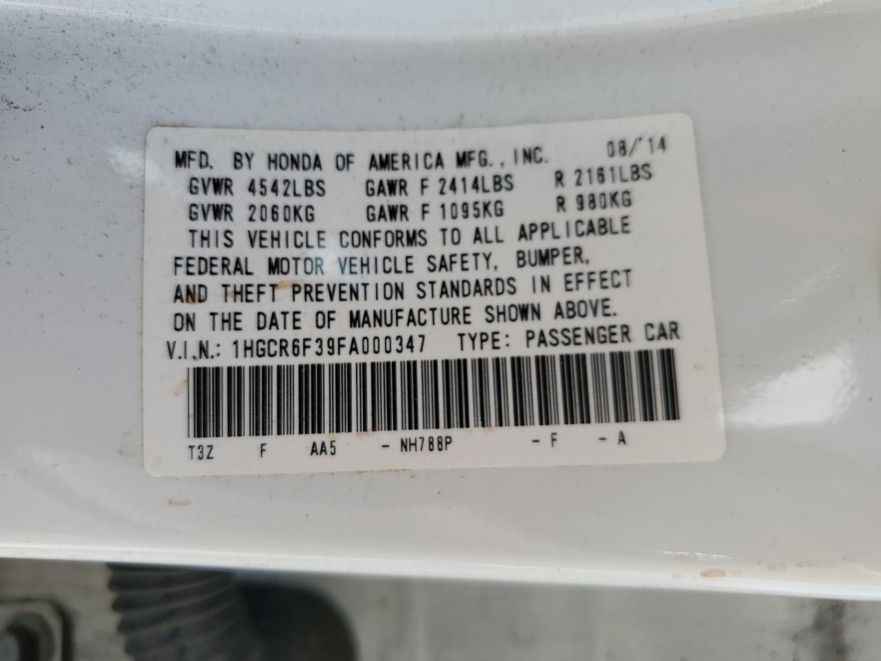 1HGCR6F39FA000347 2015 Honda Accord Hybrid