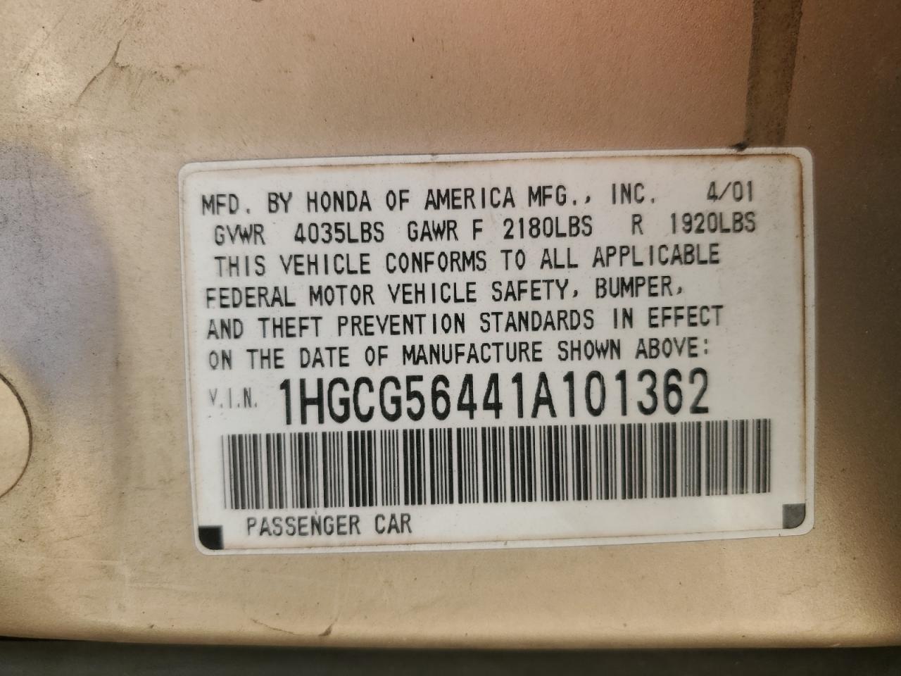 2001 Honda Accord Lx VIN: 1HGCG56441A101362 Lot: 77654164