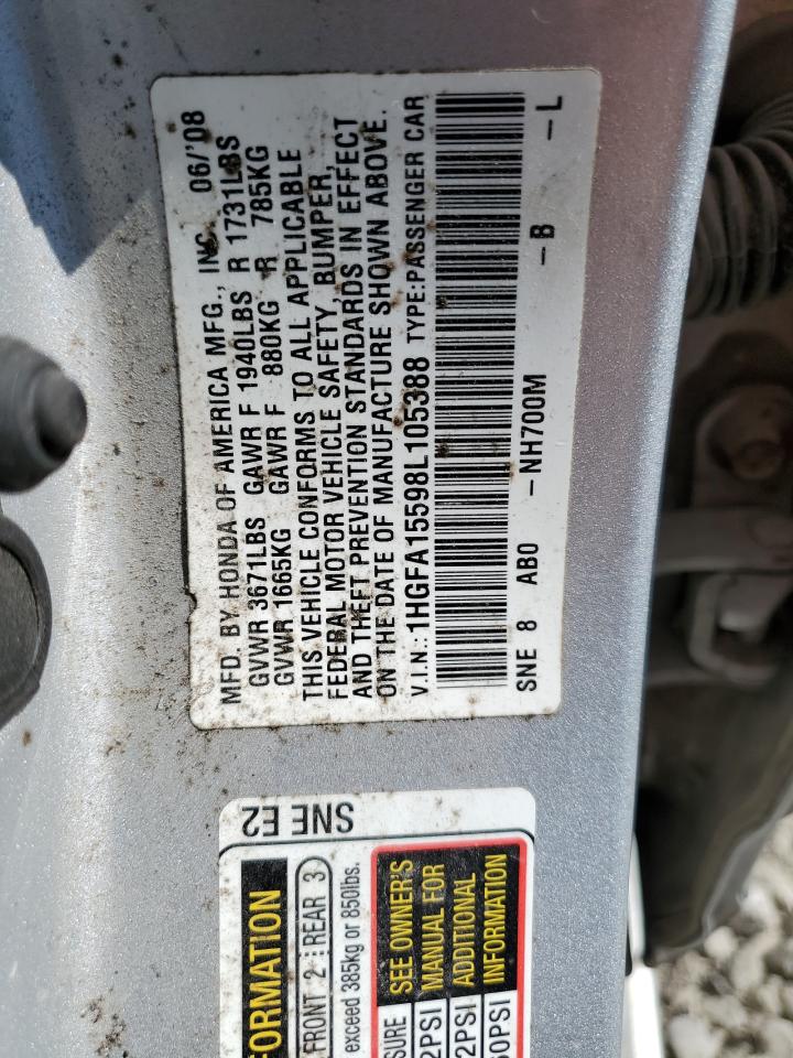 2008 Honda Civic Lx VIN: 1HGFA15598L105388 Lot: 76588394