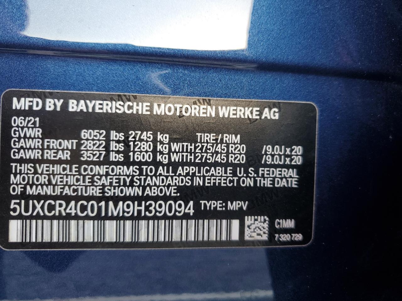 2021 BMW X5 Sdrive 40I VIN: 5UXCR4C01M9H39094 Lot: 75473854