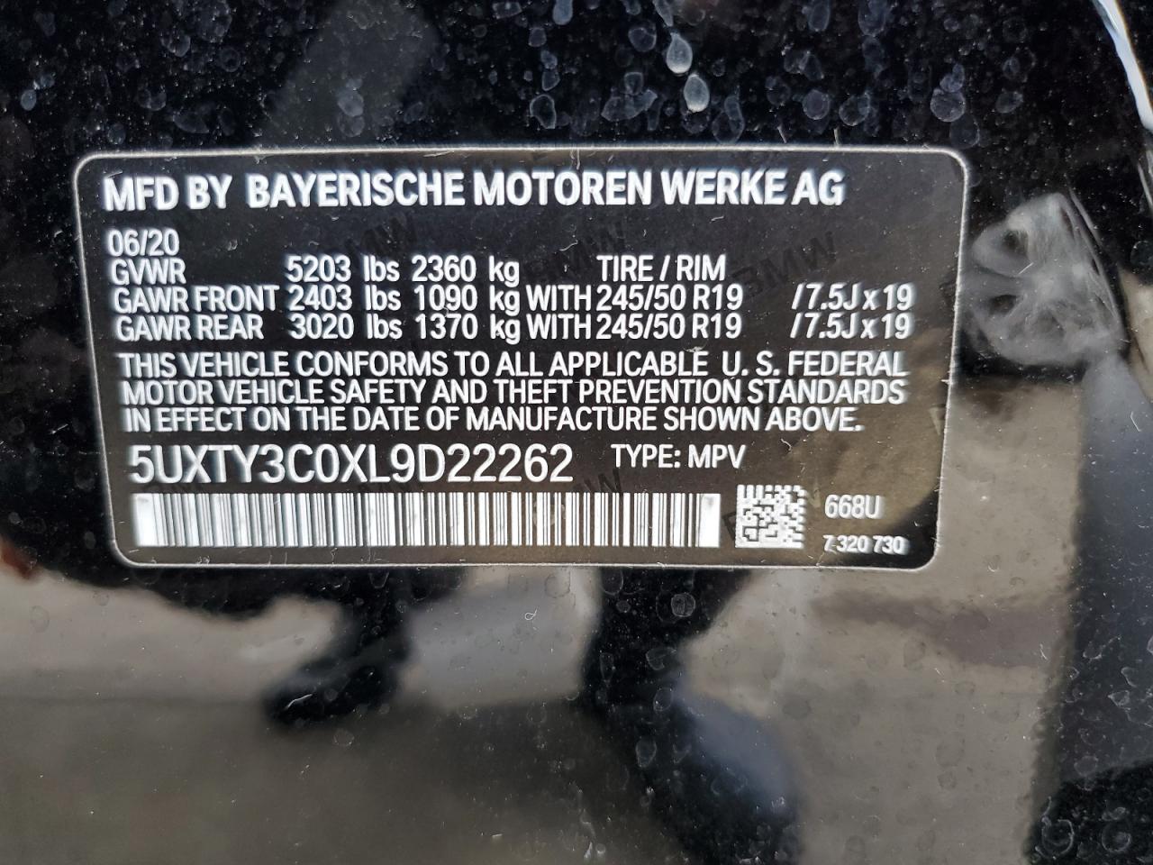 2020 BMW X3 Sdrive30I VIN: 5UXTY3C0XL9D22262 Lot: 74100354