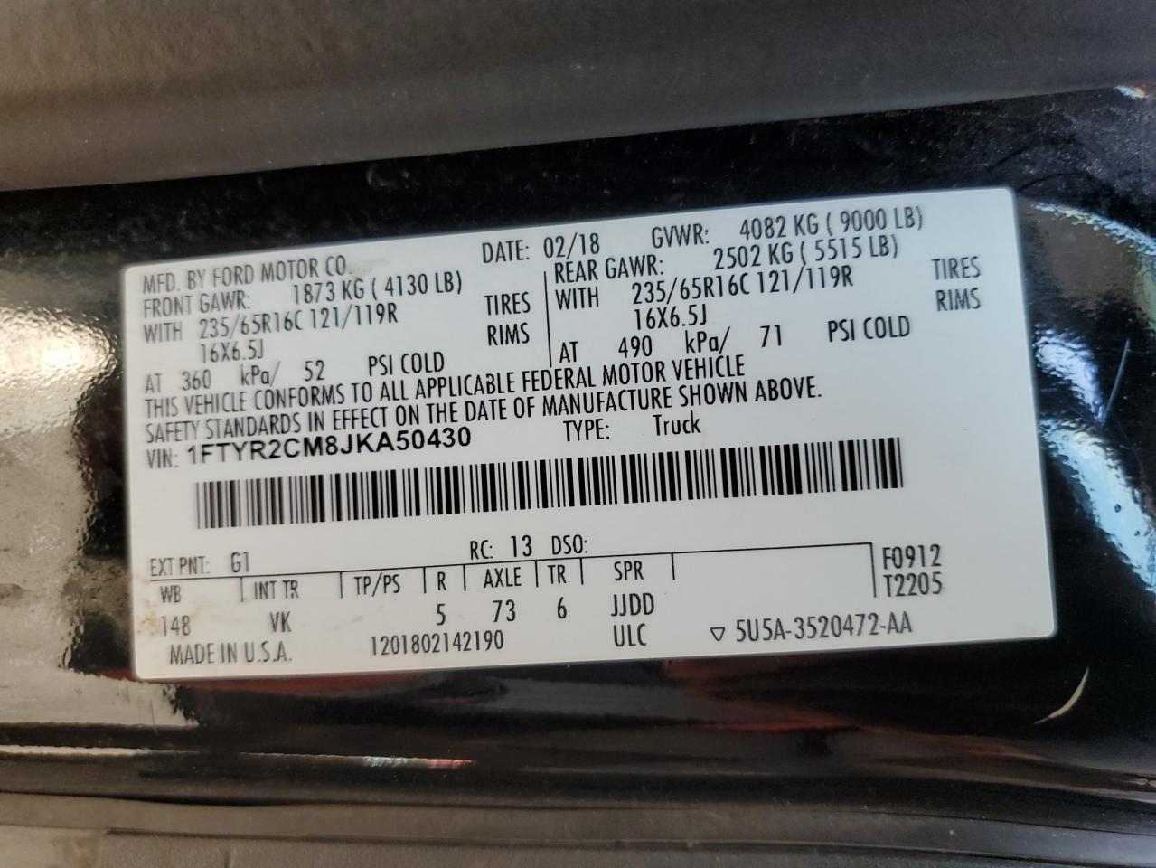 2018 Ford Transit T-250 VIN: 1FTYR2CM8JKA50430 Lot: 73722054