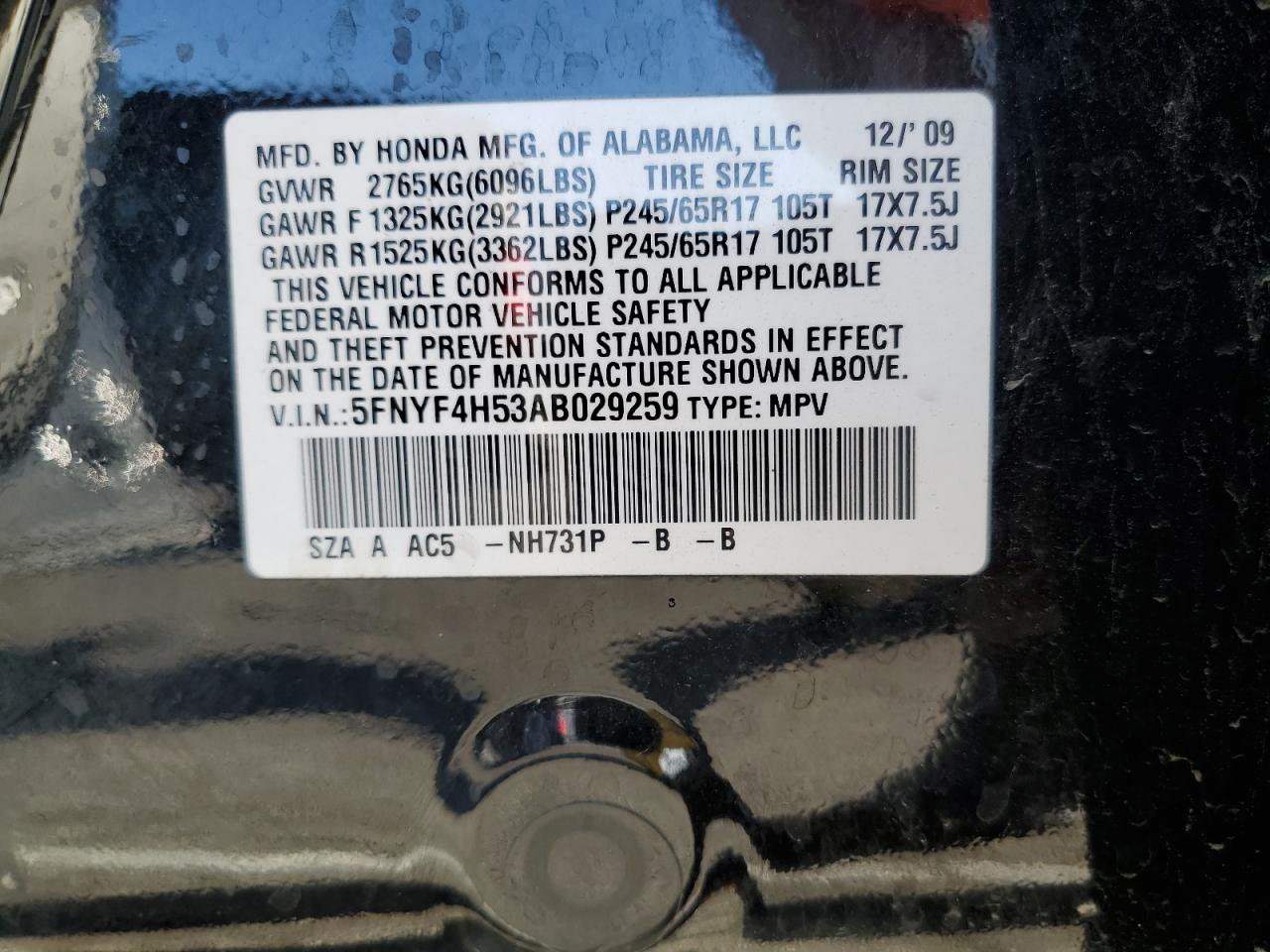 2010 Honda Pilot Exl VIN: 5FNYF4H53AB029259 Lot: 75284454