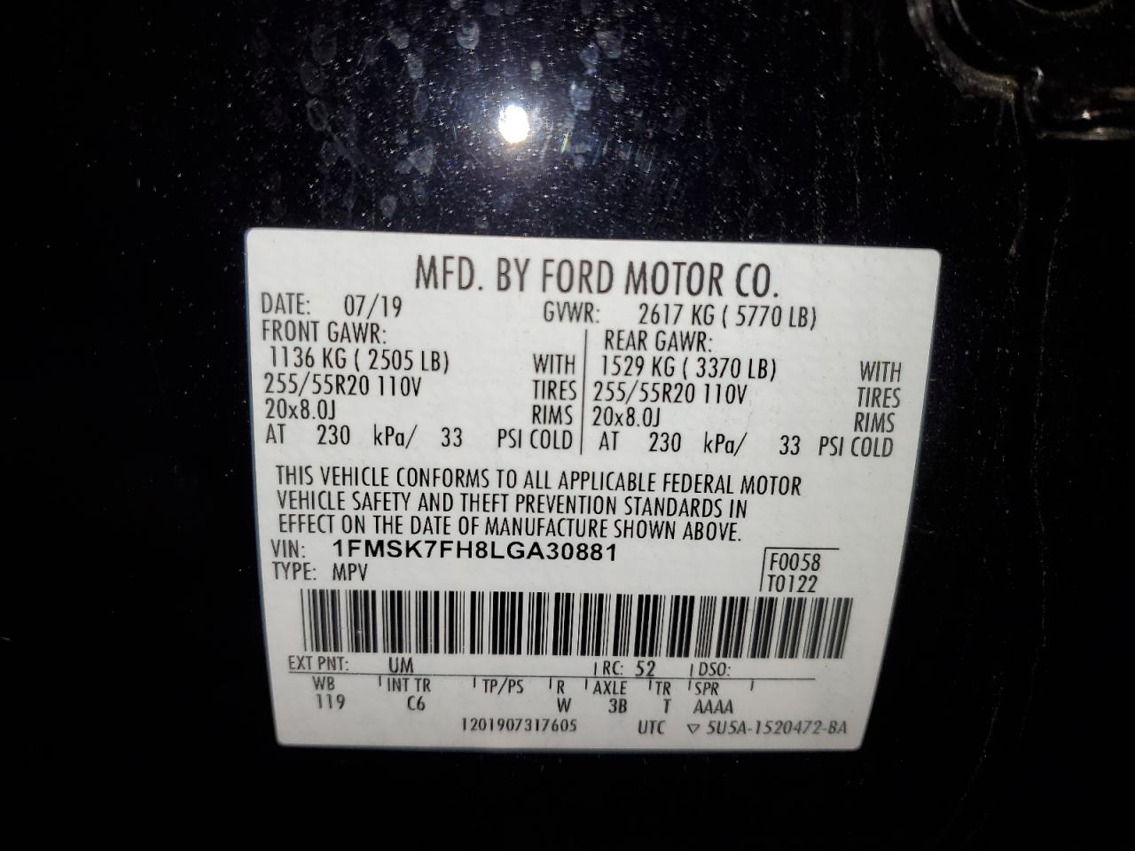 1FMSK7FH8LGA30881 2020 Ford Explorer Limited