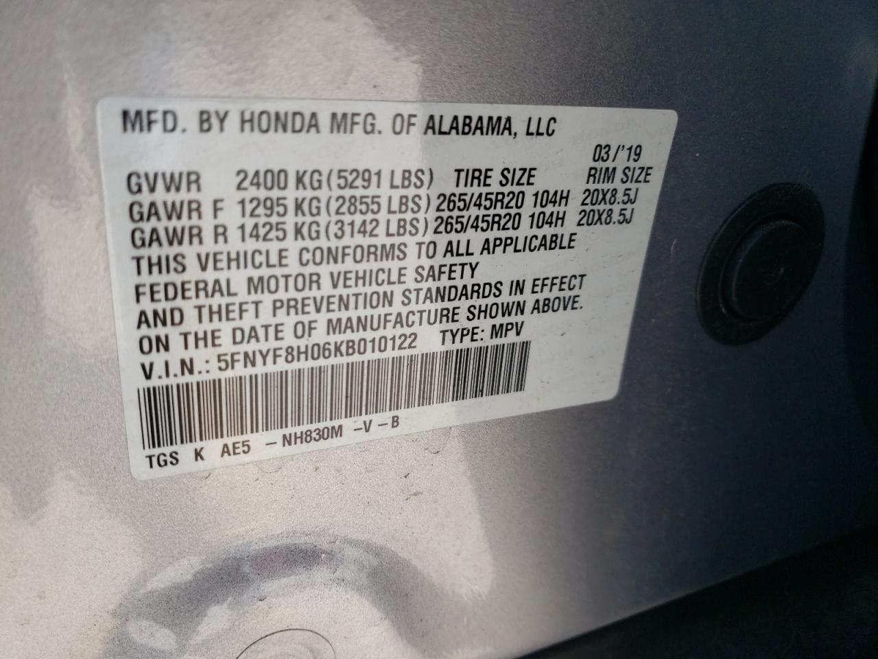 5FNYF8H06KB010122 2019 Honda Passport Elite